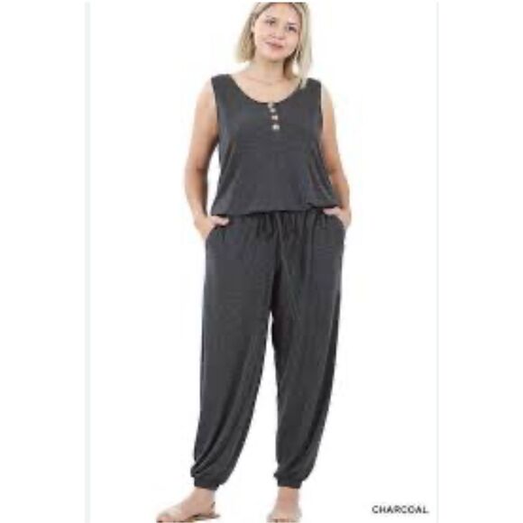 ZENANA Sleeveless Jumpsuit Button Front Drawstring Waist Jogger Charcoal Size XL - Picture 1 of 16
